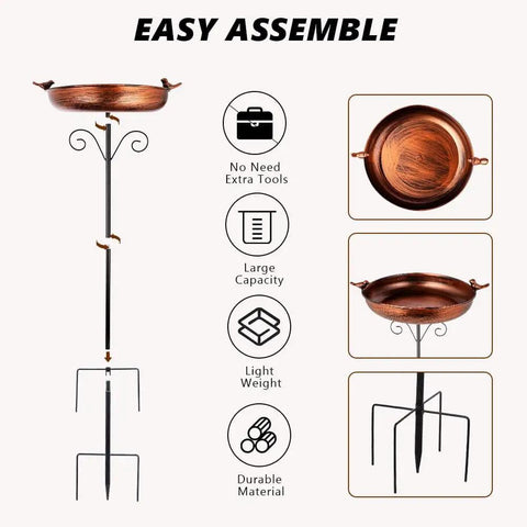 38 Inch Tall Outdoor Bird Bath On Stake With Detachable 11.2 Inch Basin, Vintage Copper Freestanding Birdbath For Garden Yard Patio, Easy No Tool Assembly, Durable Metal Weather Resistant, Great For Birds