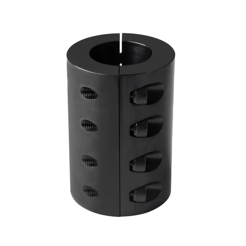 Rigid Shaft Coupling With Double Split Clamp Heavy Duty Build Bore 0.625 To 0.625 Outer Diameter 1.3125 Inches Length Two Inches Set Screws Ten Thirty Two By Half Inch Black Oxide 45C Steel ASTM 1045, black steel split clamp view