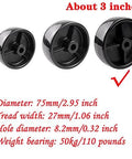 Front view of three black plastic 3-inch patio heater caster wheels with central hub and axle hole.