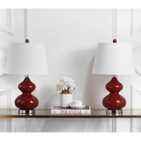 Red Double Gourd Glass Table Lamps Set Of 2 24 Inch Tall With White Cotton Shades Modern Contemporary Home Office Bedroom Living Room Lighting LED Bulbs Included Perfect For Nightstand And Desk displayed on shelf