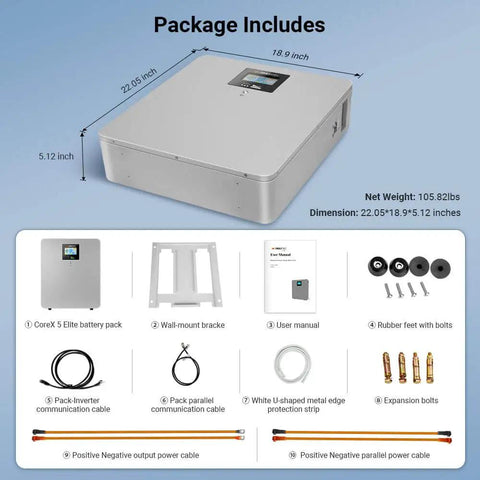 Badass 100Ah 48V Lithium Wall Mount Battery Kit With Slick Wifi Monitoring And Rock Solid 100A Bms Built In image showing dimensions and included components.
