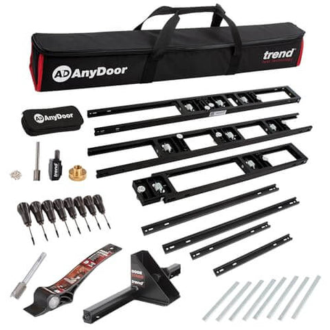 All-In-One Adjustable Door Hinge Jig Installation Kit For 2 Ft 6 In To 9 Ft Doors, No-Fuss Hands-Free Foot Operated Lifter, Sturdy Door Stand, And Pro Router Bit By Trend, includes adjustable jig, router bits, door stand, and foot lifter with carry case