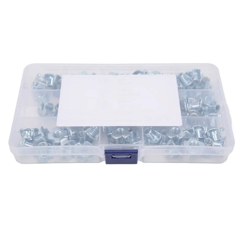 80-Piece Carbon Steel T Nut 4 Prong Tee Blind Nuts Kit For RVs Electronics And Furniture Projects in clear storage case