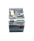 Ultra Efficient 480W 24V 15.4A AC DC DIN Rail Power Supply With Built In UPS And Battery Charging Status Monitoring Modbus Ready Ninety Two Percent Efficiency TS 35 7.5 Or 15 Mount Tough Industrial Grade front view with terminal blocks