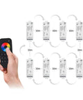 Hand holding RGB remote next to multiple VP controllers with 30m connectivity for 5050 SMD FCOB COB RGB RGBW LED Strip Kit setup.