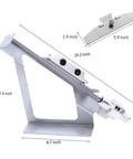 Durable Stainless Steel Magnetic Fletching Jig Kit For Arrows With Quick Clamp Easy Setup And Adjustable Pro Grade 3 Or 4 Fletching Options DIY Arrow Vanes Jig Tool with precise dimensions shown.