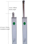 4 Inch Linear Actuator 100mm Stroke, 12V 24V DC Motor shown extended and retracted, beefy heavy duty 700N lift