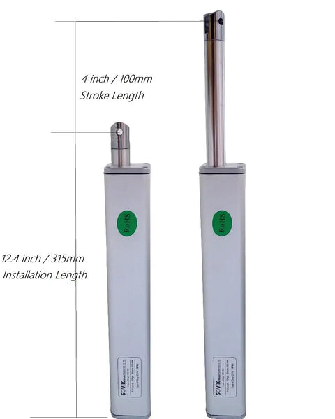 4 Inch Linear Actuator 100mm Stroke, 12V 24V DC Motor shown extended and retracted, beefy heavy duty 700N lift