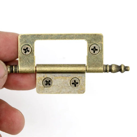 Set Of 6 Vintage Antique Brass Flap Hinges For Wooden Boxes Jewelry Cases Cabinets Cupboards Medium Size With 2 Inch Plate And 83 mm Axis Durable Iron Hardware Rust Resistant Finish Retro Vibe Look For Craft Projects close-up