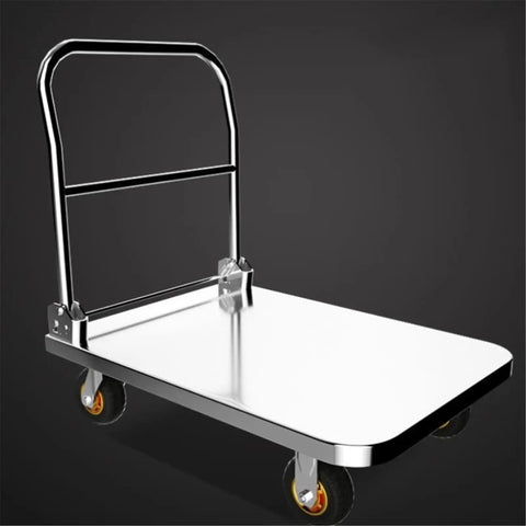 Heavy Duty Stainless Steel Platform Hand Truck Hella Durable Push Cart With Six Inch Swivel Wheels and Reliable Locking Brakes, side view.
