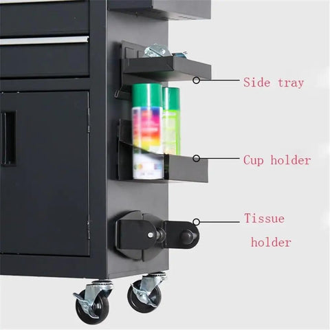 Side view of Heavy Duty Portable Tool Box Cart With Double Drawers, side tray, cup holder, and tissue holder highlighted.
