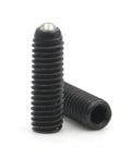 Heavy Duty Spring Ball Plunger Set Built Like A Badass Hex Socket Grub Screws In Durable Carbon And Stainless Steel Metric Sizes Five Pack showing two black steel grub screws with hex sockets.