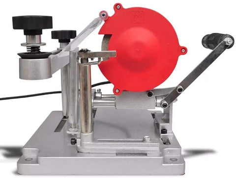 High Caliber 120 Volt Electric Circular Saw Blade Sharpener Packed With Diamond Emery Wheels Portable Aluminum Base Adjustable Tilt Arm for clean cuts.