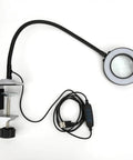 Helping Hands Soldering Station With 3X LED Magnifying Lamp Flexible Arm attached to a clamp, shown with USB cable and control