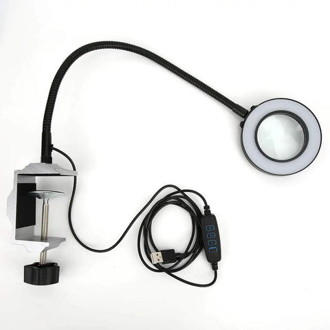 Helping Hands Soldering Station With 3X LED Magnifying Lamp Flexible Arm attached to a clamp, shown with USB cable and control