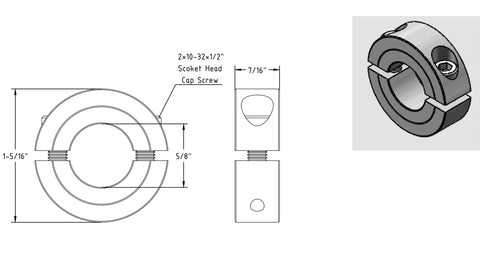 AZSSMUK 5/8 in bore double-split clamp-on shaft collar, carbon steel with black oxide coating, set screws; 4-pack.