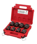 Eight Piece Shallow Sae Socket Set With Three Quarter Inch Drive Featuring Impact Duty Forged Steel And Non Slip Hex Design in a red case.