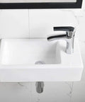 Corner Vessel Sink Kit With Faucet and Drain 18x10 Inch Small White Porcelain Wall Mount Vanity Sink Space Saving Rectangular Hand Wash Basin Right Hand Drain Modern Compact Bathroom Upgrade