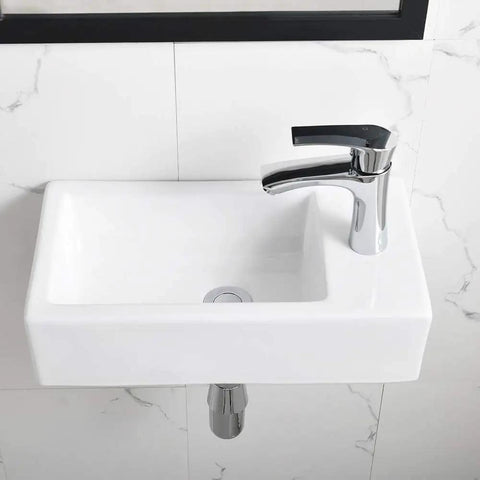 Corner Vessel Sink Kit With Faucet and Drain 18x10 Inch Small White Porcelain Wall Mount Vanity Sink Space Saving Rectangular Hand Wash Basin Right Hand Drain Modern Compact Bathroom Upgrade
