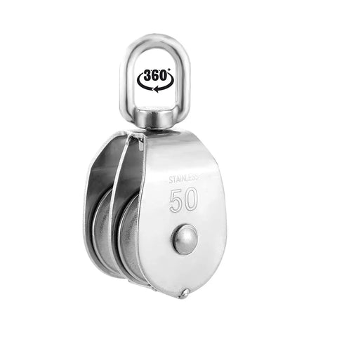 M50 Double Pulley Block Set, Stainless Steel 304 Heavy Duty Swivel Pulley System, close-up view of one pulley