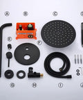 Components of Matte Black Round Rain Shower System With Handheld And Wall Mount Slick Brushed Nickel Finish Easy Install