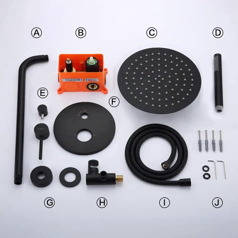 Components of Matte Black Round Rain Shower System With Handheld And Wall Mount Slick Brushed Nickel Finish Easy Install
