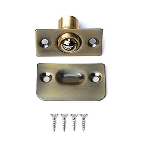Heavy Duty Brass Ball Door Catch For Interior Doors, Adjustable Seam Fit, bronze finish with screws visible