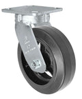 Straight Shooter Heavy Duty Kingpinless Swivel Caster Featuring Rubber Over Steel Wheels and Rock Solid 550 Pound Load Capacity Plus Four By Four Point Five Inch Mounting Plate For Garage Or Workshop Gear side view of caster wheel with metal plate
