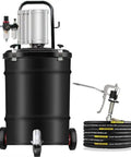 Shop Tough 80 To 1 Pneumatic Grease Pump Cart With 40 Liter Tank And 4 Meter Hose Featuring Swivel Gunhead side view of cart, hose and nozzle.
