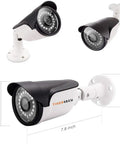 1080P Long Range Bullet Security Camera Weatherproof For Indoor And Outdoor Use With Four In One OSD Switch Works With TVI CVI AHD And CVBS DVRs Power Supply Sold Separately, showing different angles and dimensions of the camera.