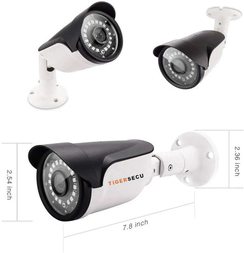 1080P Long Range Bullet Security Camera Weatherproof For Indoor And Outdoor Use With Four In One OSD Switch Works With TVI CVI AHD And CVBS DVRs Power Supply Sold Separately, showing different angles and dimensions of the camera.