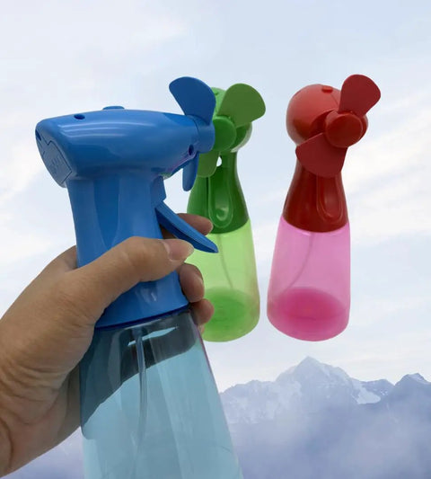 Two Pack Portable Battery Powered Misting Fans Handheld Evaporative Coolers with Safe Soft Blades in blue, green, and red colors.