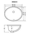 Diagram of Undermount White Oval Ceramic Bathroom Sink 18 By 15 Inch With Overflow Rear Drain Porcelain Vanity Basin dimensions