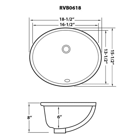 Diagram of Undermount White Oval Ceramic Bathroom Sink 18 By 15 Inch With Overflow Rear Drain Porcelain Vanity Basin dimensions