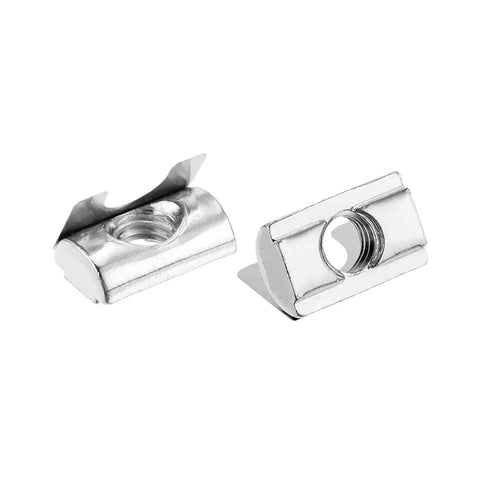Heavy Duty M8 Roll In Spring T Nuts 20 Pcs Nickel Plated Carbon Steel For 3030 4040 Aluminum Extrusion Profile Pro Shop Grade Hardware, two pieces visible.