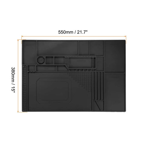 Badass Magnetic Silicone Soldering Mat Work Station Repair Pad Heat Resistant To 500 Celsius Non Slip Folding Surface 21.7 By 15 Inches Black view from above with compartments.