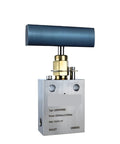 316 stainless steel needle valve with blue handle, brass adjuster atop panel-mount stainless block.
