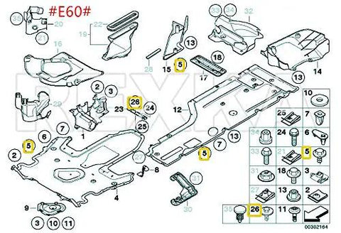 Exploded diagram of parts including Bulk 50 Pack M4.8-1.61 X 16mm Hex Head Sems Screws Set for BMW trim and underbody components.