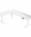 Super Smooth White Corner Standing Desk With Dry Erase Surface L Shaped Sit Stand Workstation 83 By 60 Inches, adjustable with electric motor.