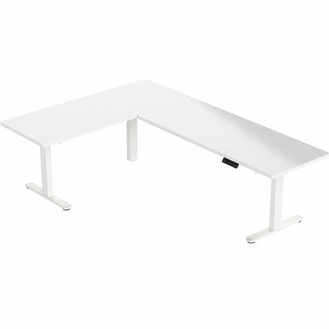 Super Smooth White Corner Standing Desk With Dry Erase Surface L Shaped Sit Stand Workstation 83 By 60 Inches, adjustable with electric motor.