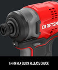 Close-up of V20 Max Cordless Drill And Impact Driver Combo Kit with brushless motor and 1/4-in hex quick release chuck
