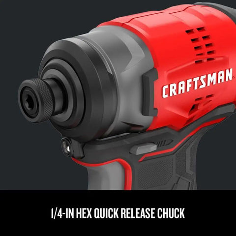 Close-up of V20 Max Cordless Drill And Impact Driver Combo Kit with brushless motor and 1/4-in hex quick release chuck