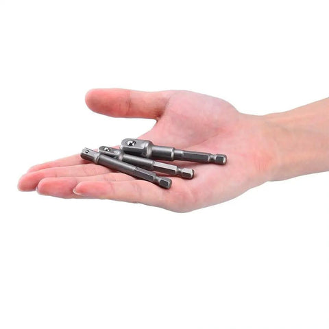 Impact Socket Adapter Set For Drill 1/4 3/8 1/2 Inch in hand, showing size and material of nut socket driver adapters.