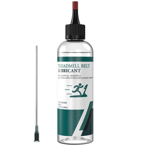 Clear bottle labeled 'Treadmill Belt Lubricant' with applicator tube, Pro Grade Silicone Treadmill Belt Lubricant With Application Tubes And Precision Twist Cap High Temperature Resistant Formula That Slashes Friction And Wear Extends Treadmill Life 500 Count 4.2 Ounce
