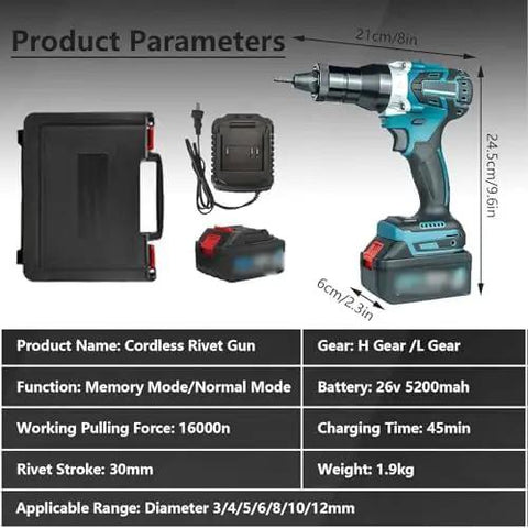 Heavy Duty Cordless Rivet Nut Tool With 26 Volt 5200 Mah Battery For M3 Through M12 Sizes Delivers Beast Mode Pulling Force For Fast No Sweat Blind Threaded Install Work with charger and case.