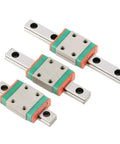 Three LML7B Miniature Linear Rail Guides with 7mm width and slide blocks for 3D printer and CNC machine, shown from top view.