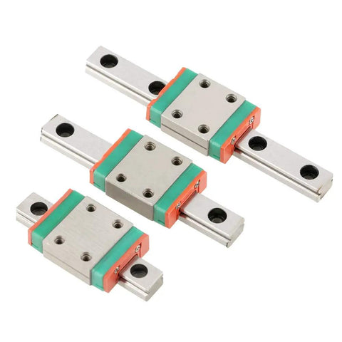 Three LML7B Miniature Linear Rail Guides with 7mm width and slide blocks for 3D printer and CNC machine, shown from top view.