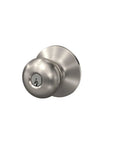 F51A Plymouth Door Knob With Keyed Entry Lock In Satin Nickel Finish, front view showing keyhole detail