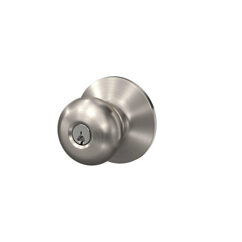 F51A Plymouth Door Knob With Keyed Entry Lock In Satin Nickel Finish, front view showing keyhole detail