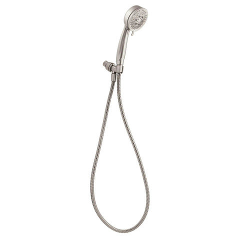 Caldwell 4.25 Inch Five Function Handheld Shower with Bracket and 60 Inch Hose Spot Resist Brushed Nickel shown hanging